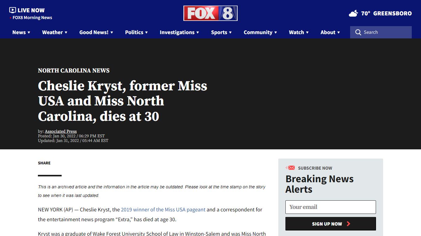 Cheslie Kryst, former Miss USA and Miss North Carolina, dies at 30